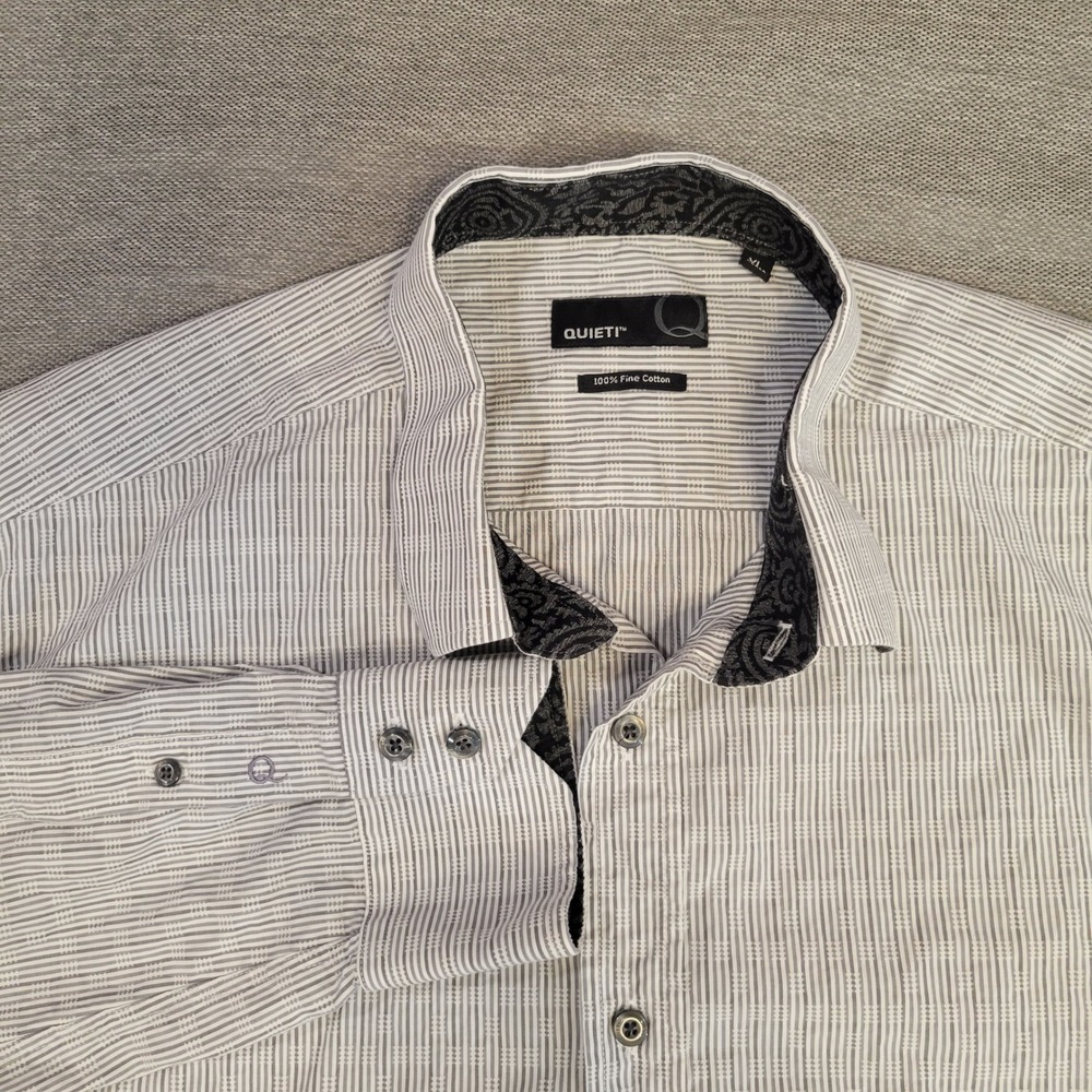 Quieti Mens XL Grey White Micro Stripe Long Sleeve Button Down Cotton Shirt